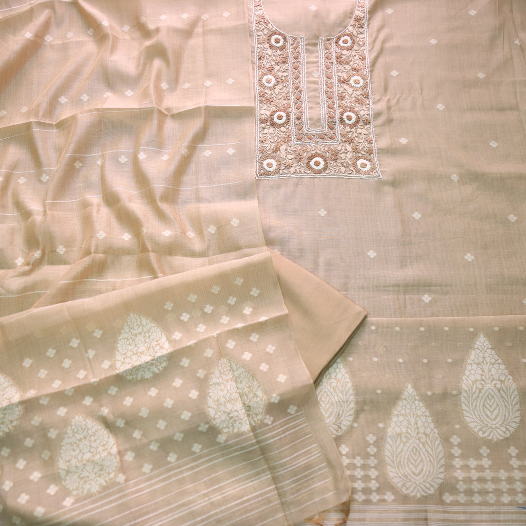 Surya Skin Beige Thread Neck Work Jamdani Weaved Suit Set