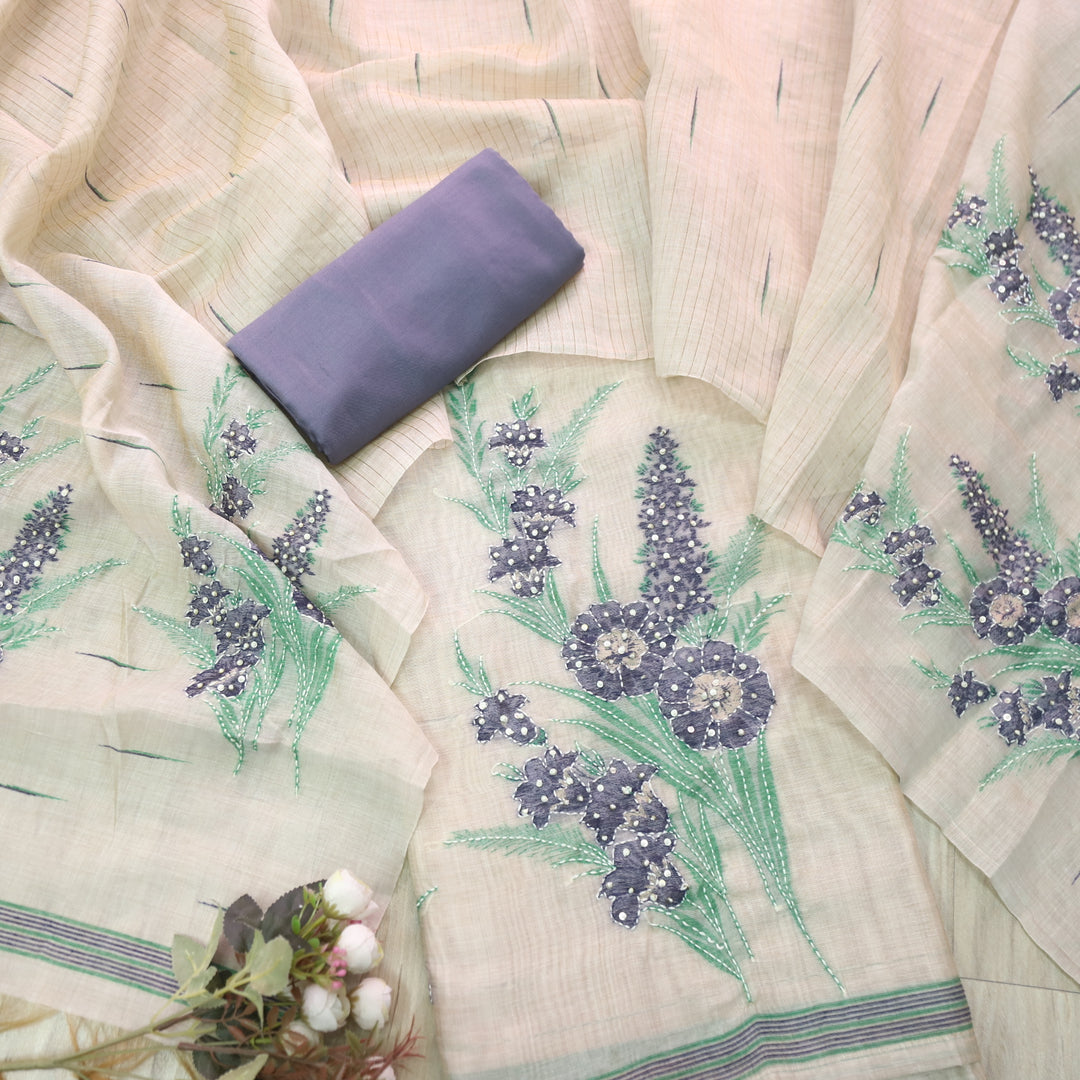 Surya Beige Nude with Blue Authentic Floral Jamdani Waved Suit Set