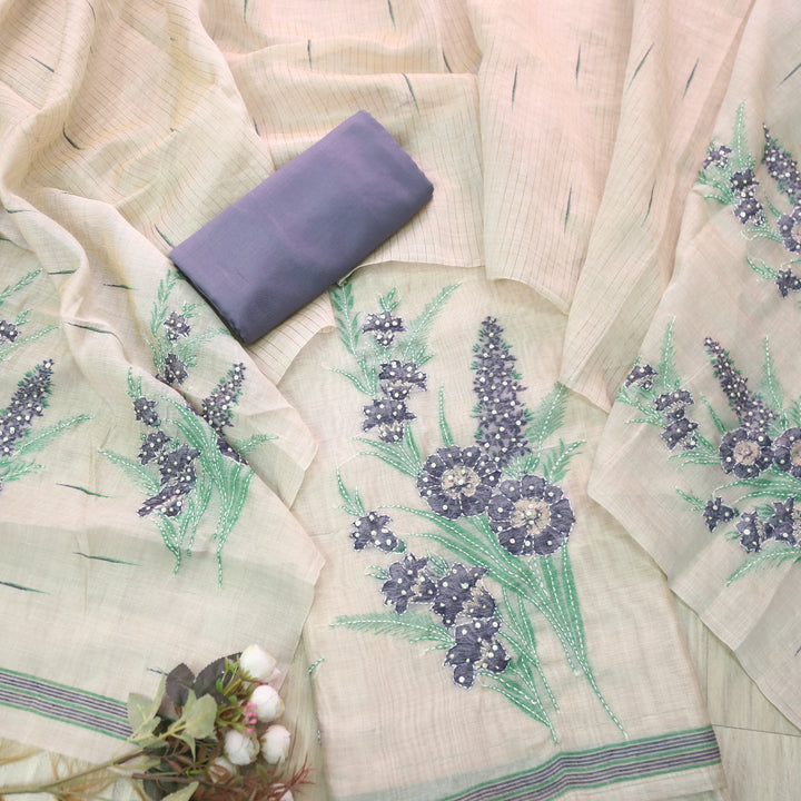 Surya Beige Nude with Blue Authentic Floral Jamdani Waved Suit Set