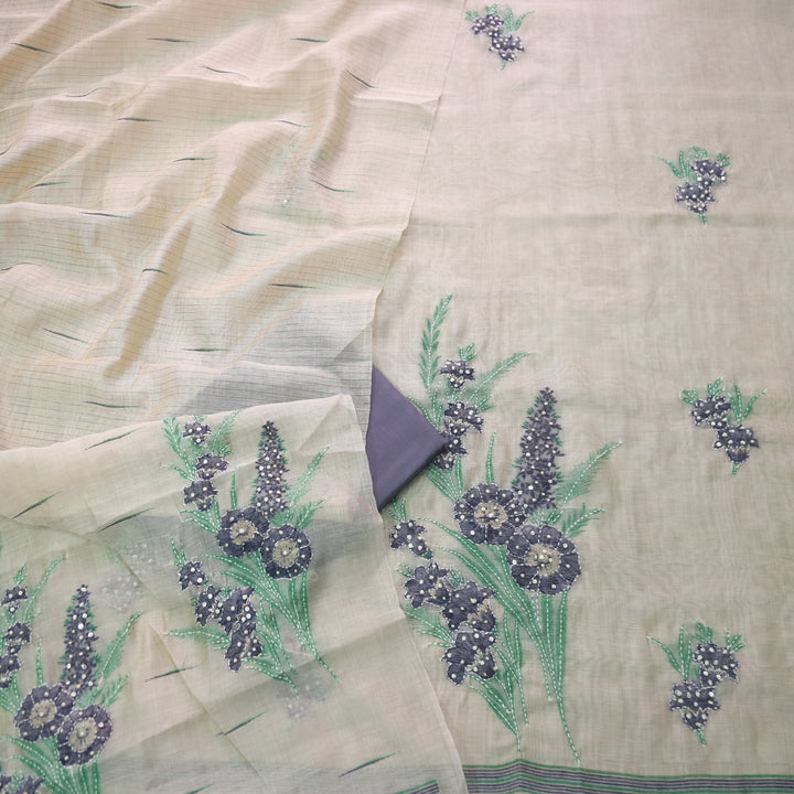 Surya Beige Nude with Blue Authentic Floral Jamdani Waved Suit Set
