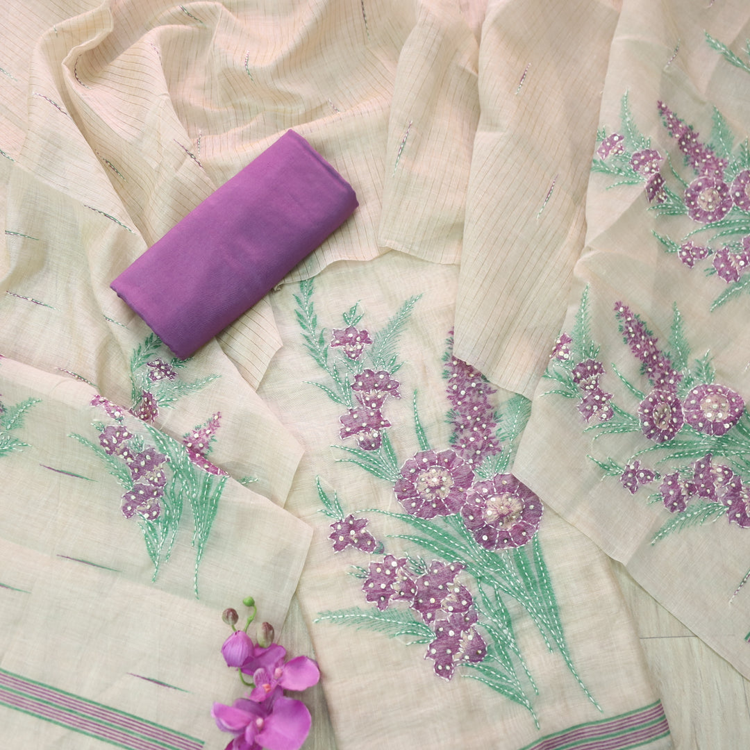 Surya Beige Nude with Purple Authentic Floral Jamdani Waved Suit Set