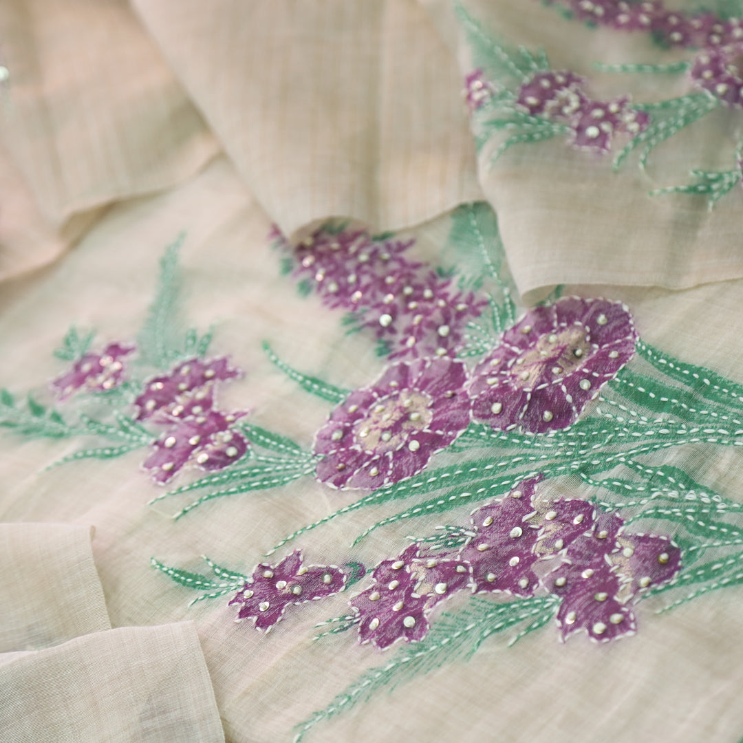 Surya Beige Nude with Purple Authentic Floral Jamdani Waved Suit Set