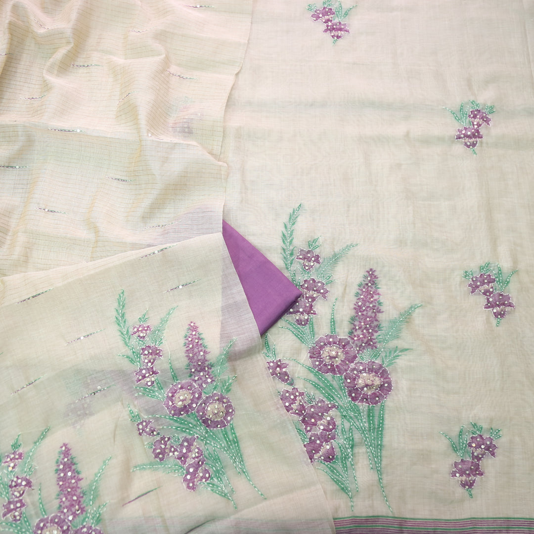 Surya Beige Nude with Purple Authentic Floral Jamdani Waved Suit Set