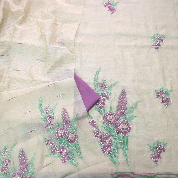 Surya Beige Nude with Purple Authentic Floral Jamdani Waved Suit Set