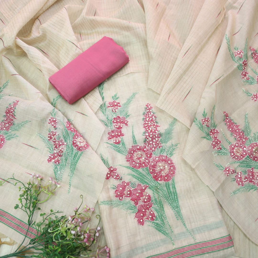 Surya Beige Nude with Pink Authentic Floral Jamdani Waved Suit Set