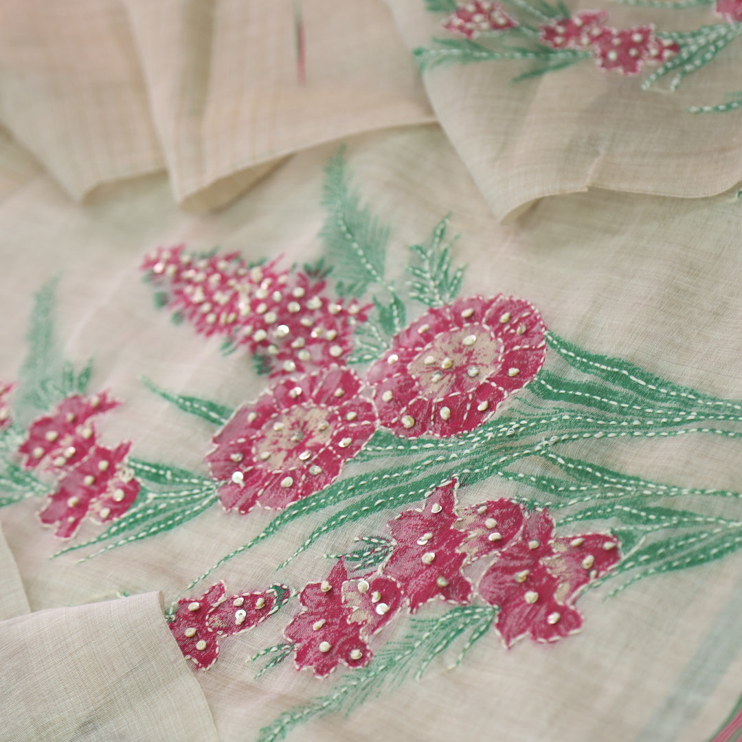 Surya Beige Nude with Pink Authentic Floral Jamdani Waved Suit Set