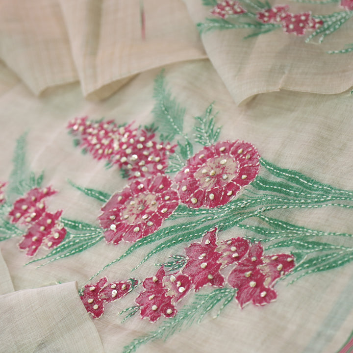 Surya Beige Nude with Pink Authentic Floral Jamdani Waved Suit Set