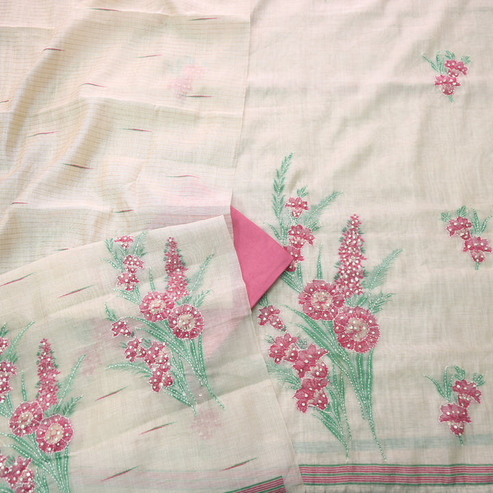 Surya Beige Nude with Pink Authentic Floral Jamdani Waved Suit Set