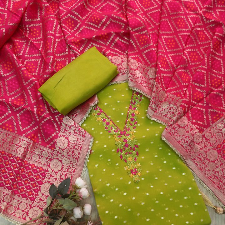 Quinaat Grass Green Hand Embroidery V Neck Work Brocade Organza Suit Set