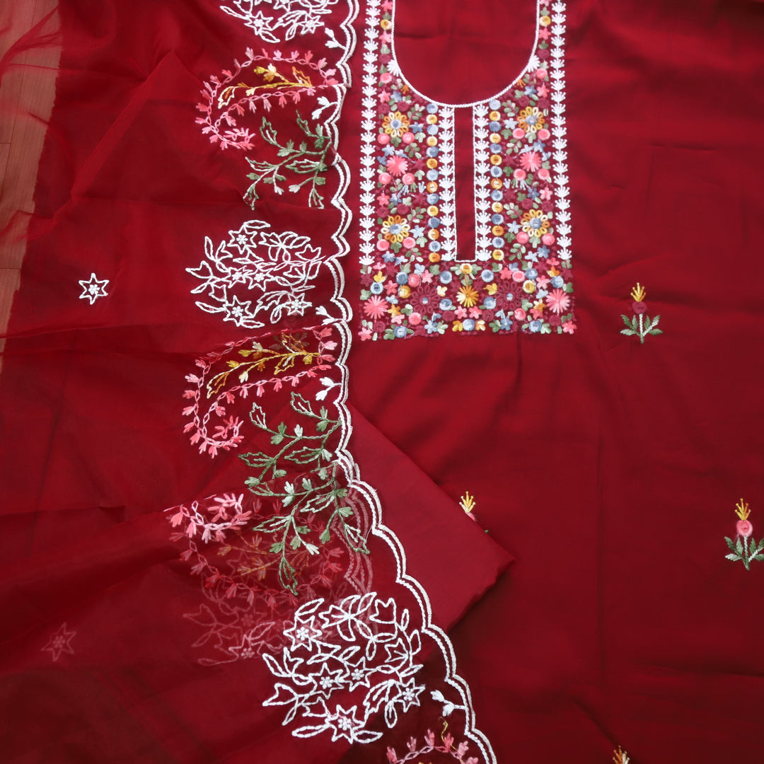 Rivva Maroon Red Thread Embroidered Neck Work Modal Suit Set