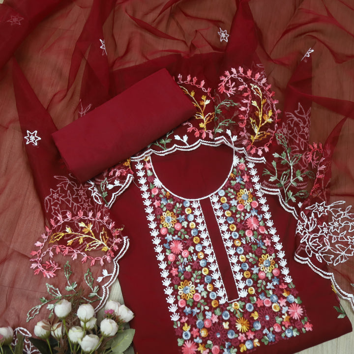 Rivva Maroon Red Thread Embroidered Neck Work Modal Suit Set