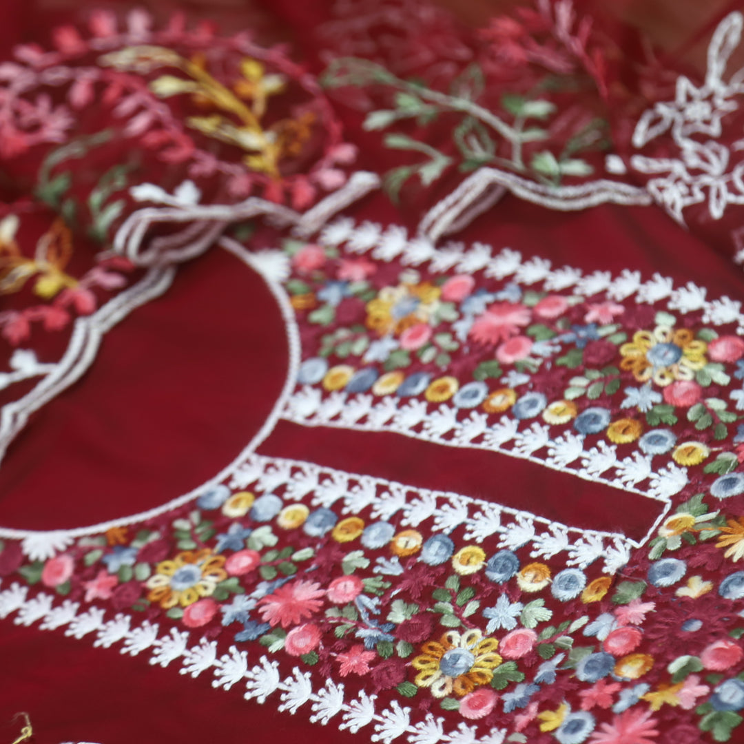 Rivva Maroon Red Thread Embroidered Neck Work Modal Suit Set