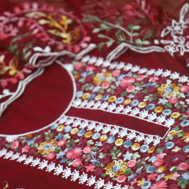 Rivva Maroon Red Thread Embroidered Neck Work Modal Suit Set