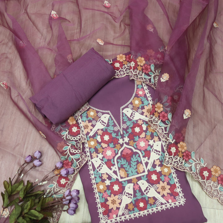Adaakari Heather Purple with Aari Thread Neck Work Modal Suit Set