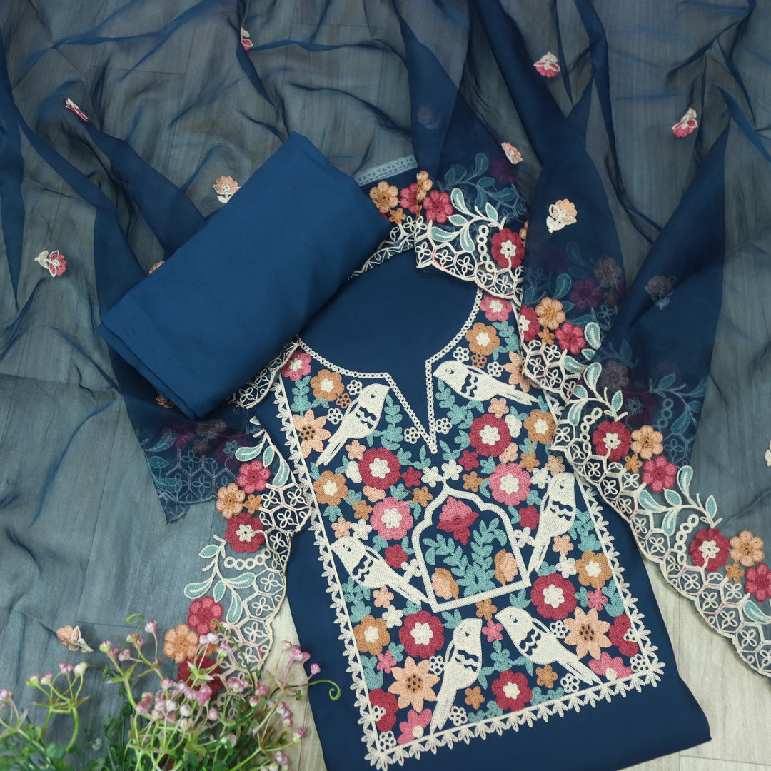 Adaakari Navy Blue with Aari Thread Neck Work Modal Suit Set