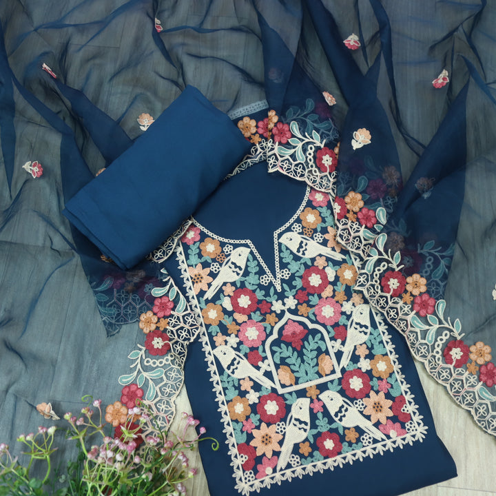 Adaakari Navy Blue with Aari Thread Neck Work Modal Suit Set