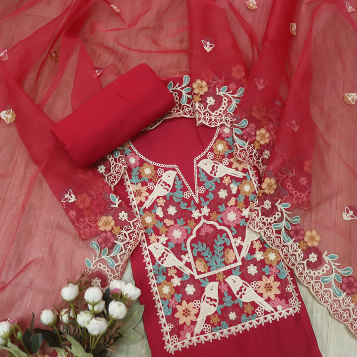Adaakari Crimson Pink with Aari Thread Neck Work Modal Suit Set