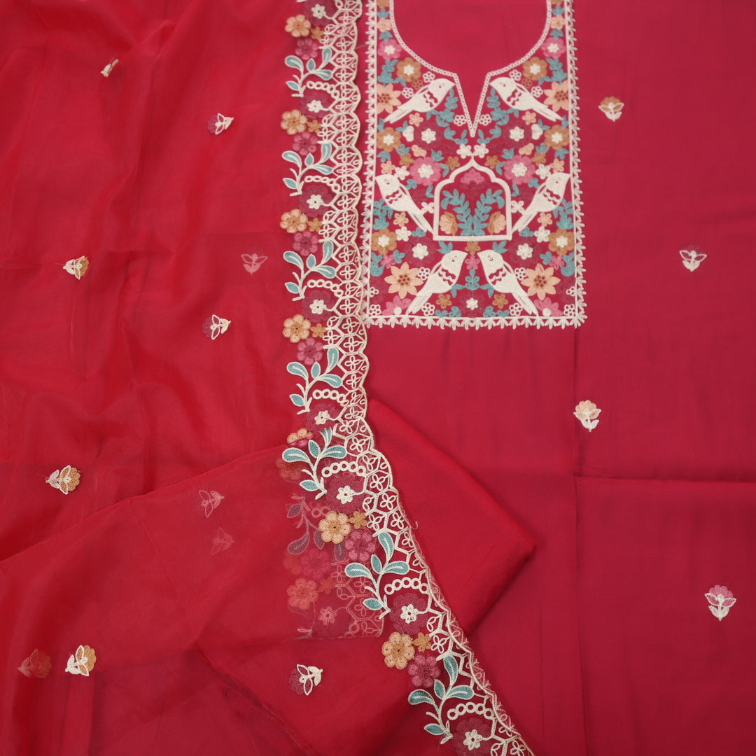 Adaakari Crimson Pink with Aari Thread Neck Work Modal Suit Set