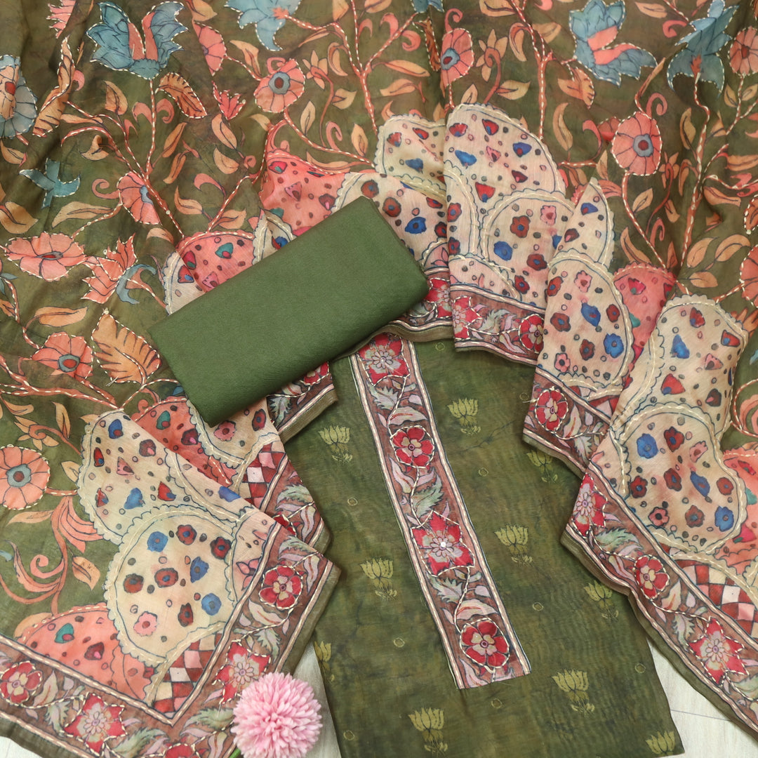Noor Grass Green Digital Printed Kantha Work Chanderi Suit Set