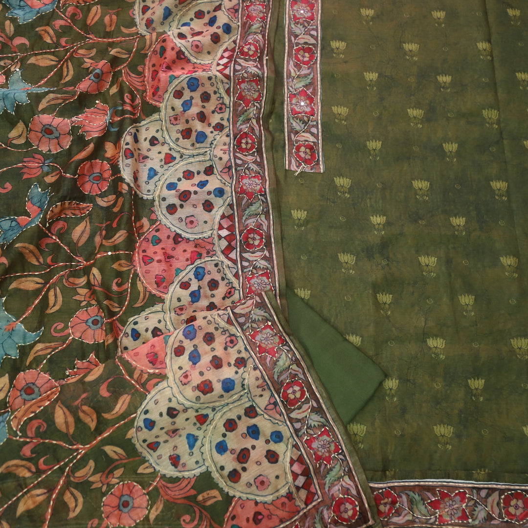 Noor Grass Green Digital Printed Kantha Work Chanderi Suit Set