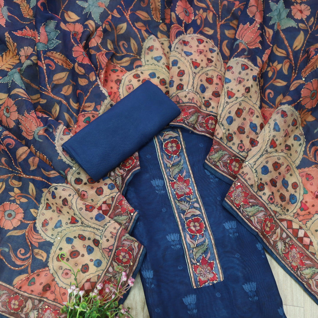 Noor Royal Blue Digital Printed Kantha Work Chanderi Suit Set