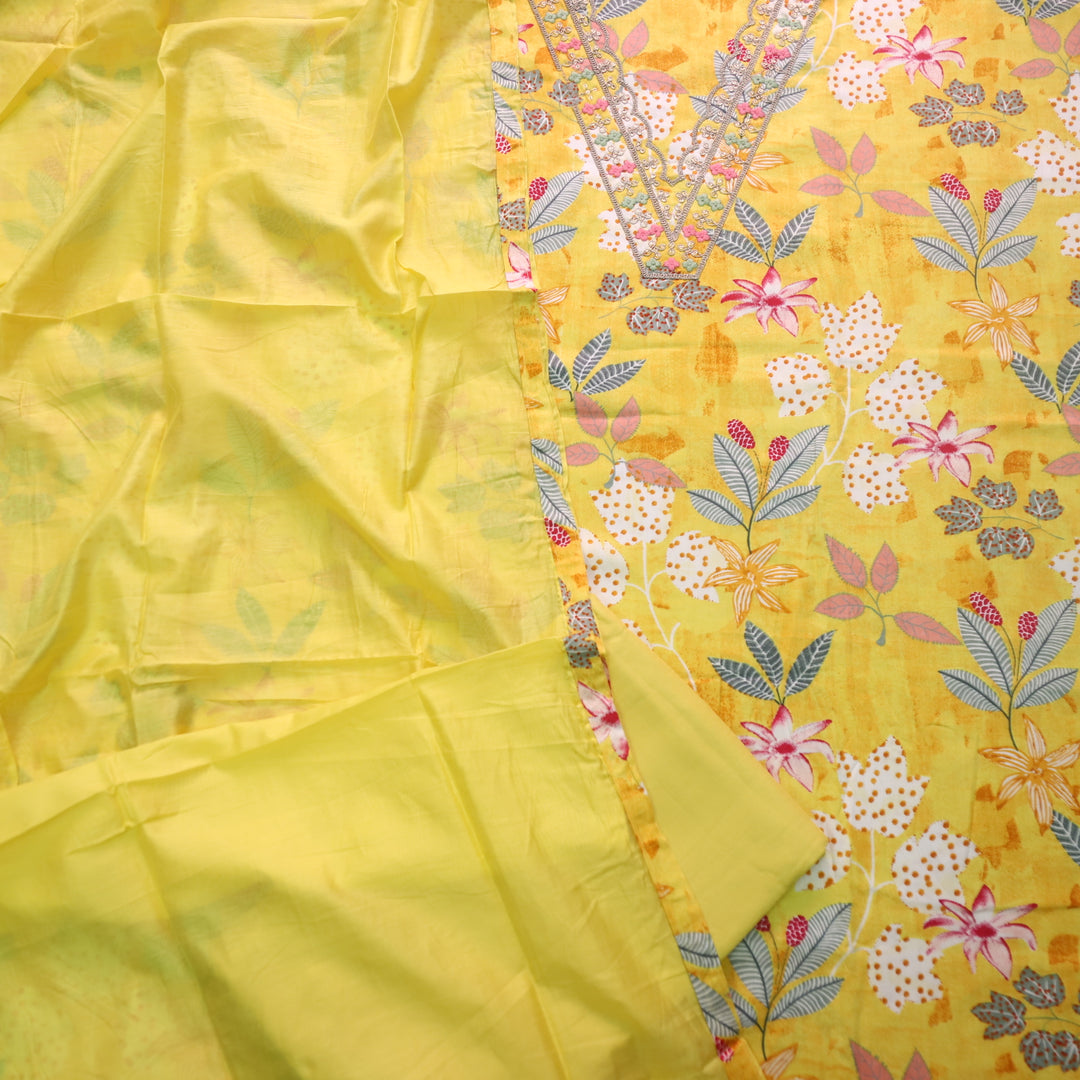 Khawab Corn Yellow V Neck Zari Worl Floral Print Jam Cotton Suit Set