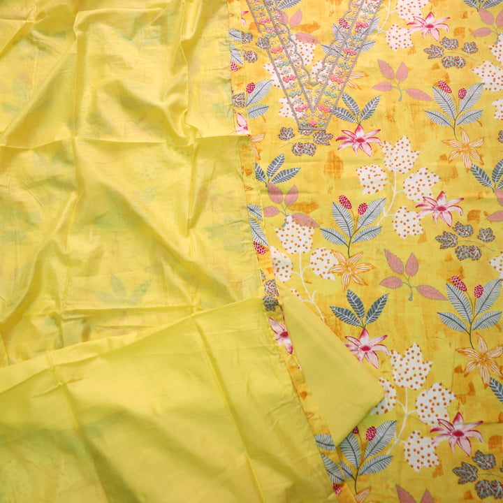 Khawab Corn Yellow V Neck Zari Worl Floral Print Jam Cotton Suit Set