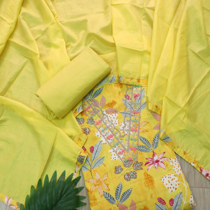 Khawab Corn Yellow V Neck Zari Worl Floral Print Jam Cotton Suit Set