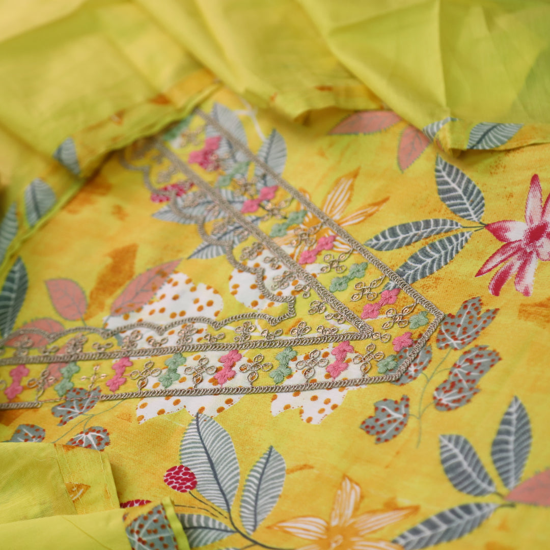 Khawab Corn Yellow V Neck Zari Worl Floral Print Jam Cotton Suit Set