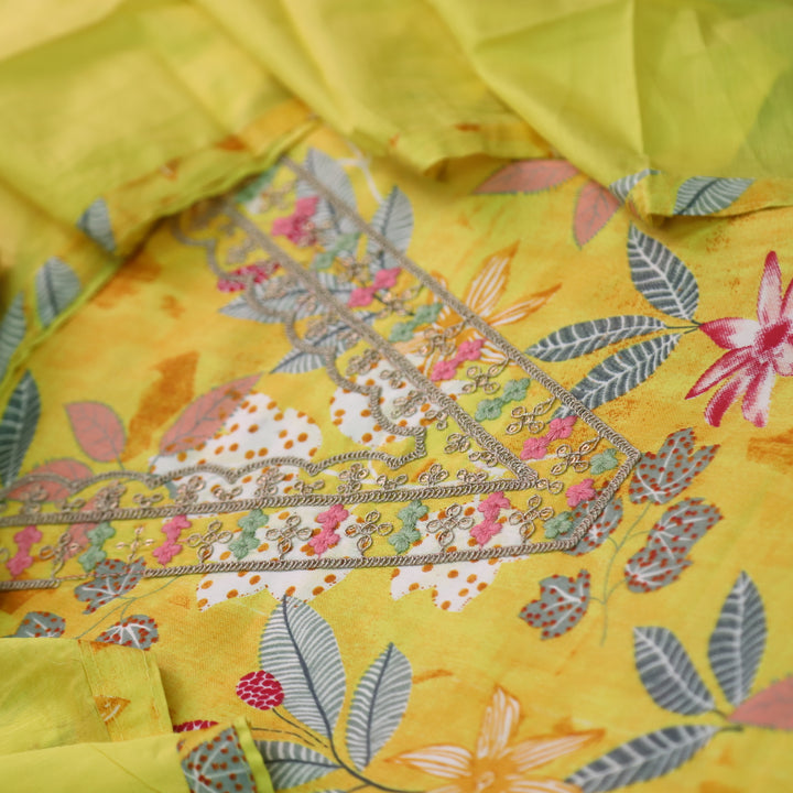 Khawab Corn Yellow V Neck Zari Worl Floral Print Jam Cotton Suit Set