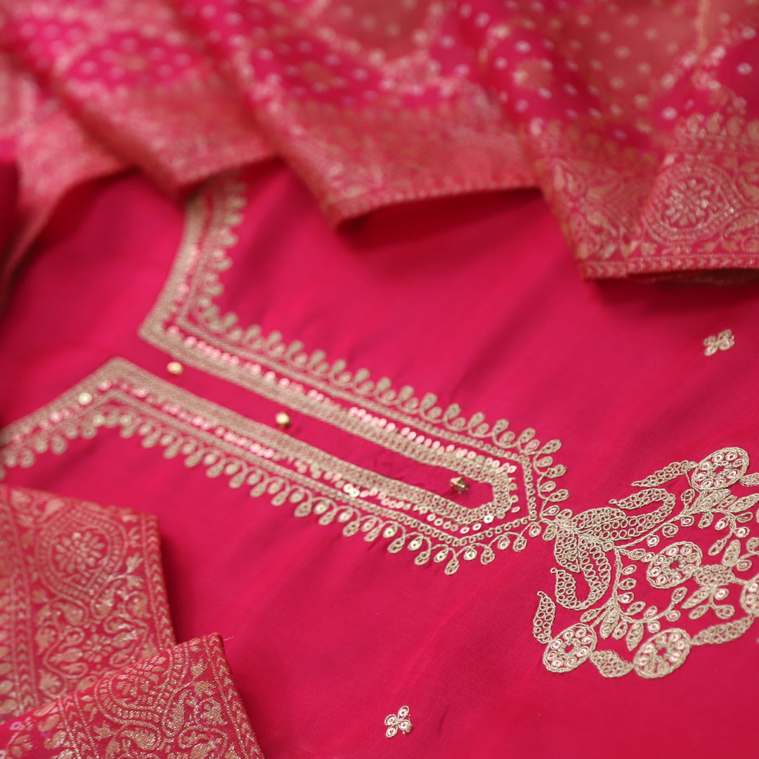 Aasha Rani Pink Zari Embroidery Neck Work Dola Silk Suit Set