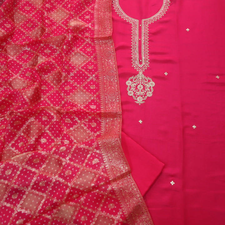 Aasha Rani Pink Zari Embroidery Neck Work Dola Silk Suit Set