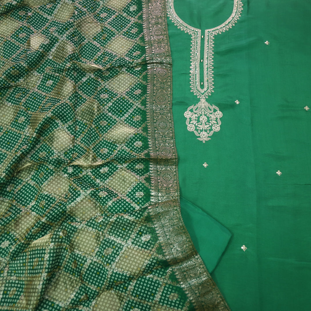 Aasha Emerald Green Zari Embroidery Neck Work Dola Silk Suit Set