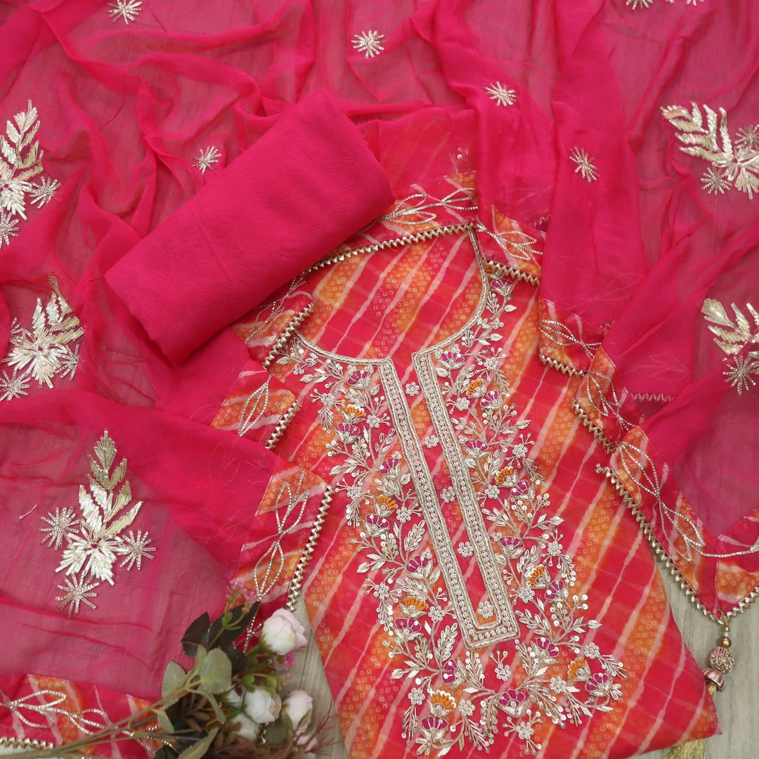 Bayann Rani Pink Embellished Neck Work Leheriya Printed Organza Suit Set