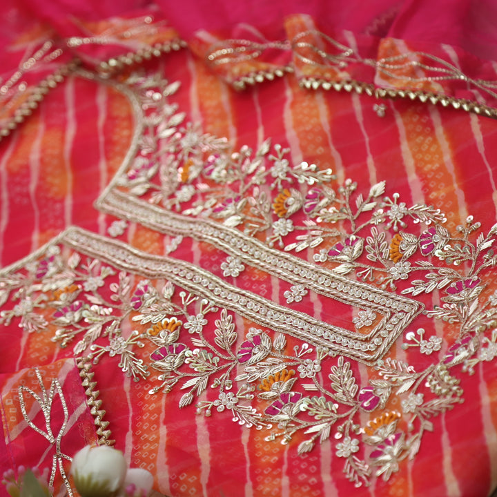 Bayann Rani Pink Embellished Neck Work Leheriya Printed Organza Suit Set