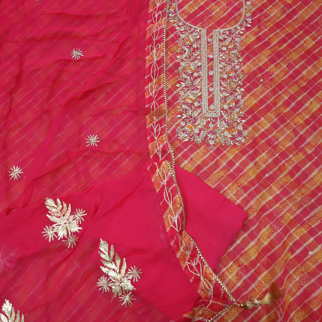 Bayann Rani Pink Embellished Neck Work Leheriya Printed Organza Suit Set