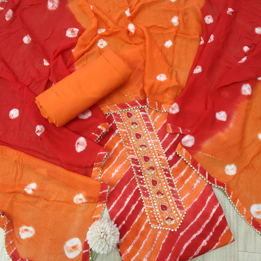 Leher Tiger Orange Embellished Neck Work Leheriya Cotton Suit Set