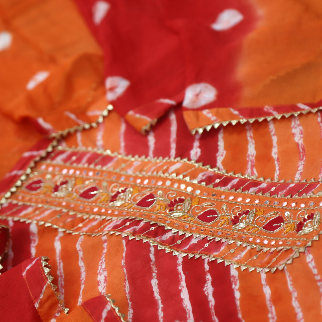 Leher Tiger Orange Embellished Neck Work Leheriya Cotton Suit Set