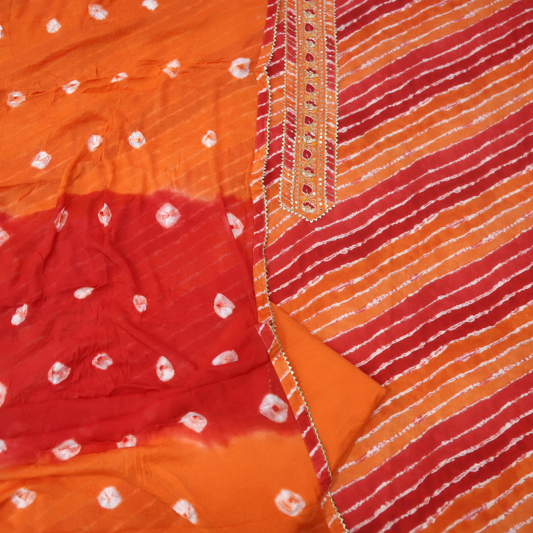 Leher Tiger Orange Embellished Neck Work Leheriya Cotton Suit Set