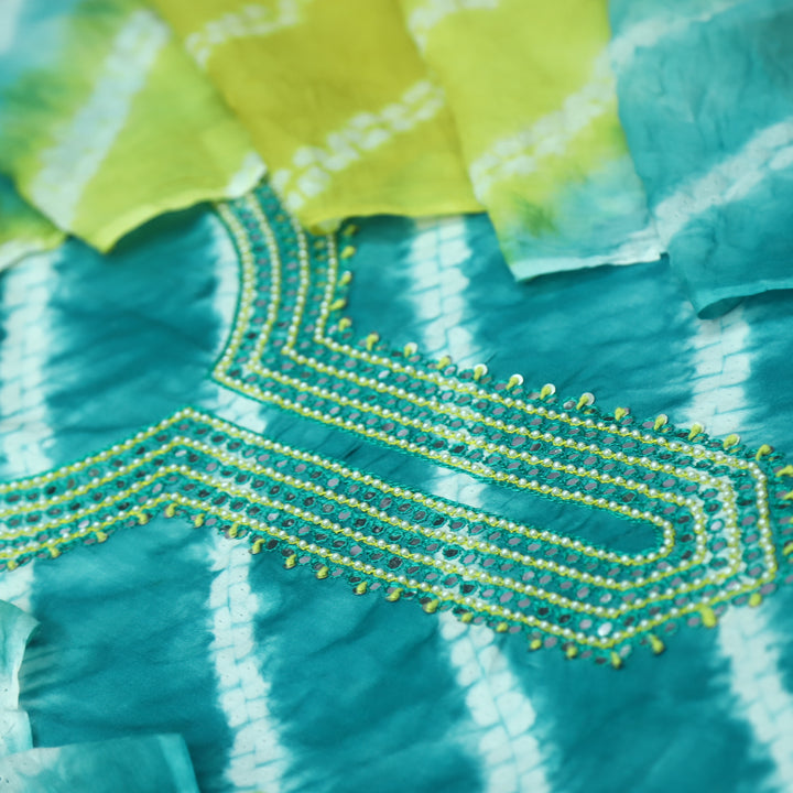 Leher Dark Cyan Embellished Neck Work Leheriya Cotton Suit Set