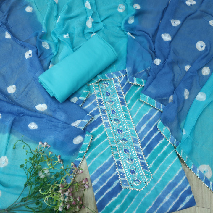 Leher Royal Blue Embellished Neck Work Leheriya Cotton Suit Set