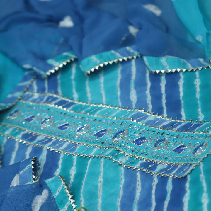 Leher Royal Blue Embellished Neck Work Leheriya Cotton Suit Set