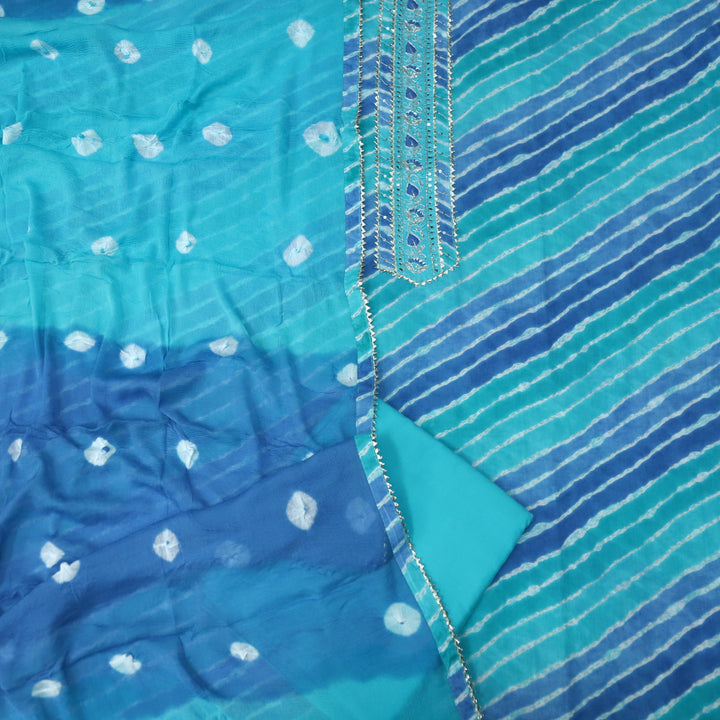 Leher Royal Blue Embellished Neck Work Leheriya Cotton Suit Set