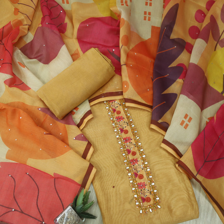 Jhanvi Sand Yellow French Knot Embroidery Neck Chanderi Suit Set