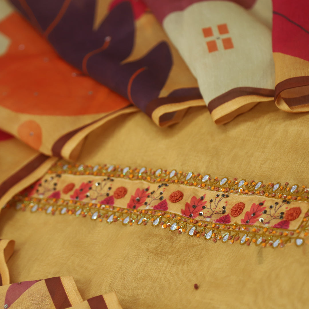 Jhanvi Sand Yellow French Knot Embroidery Neck Chanderi Suit Set