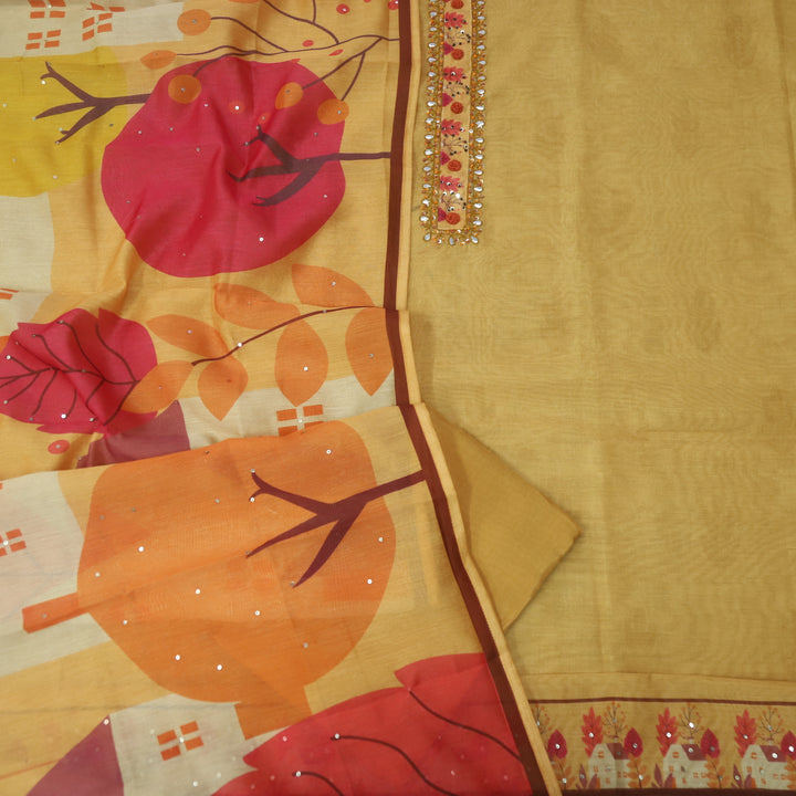 Jhanvi Sand Yellow French Knot Embroidery Neck Chanderi Suit Set