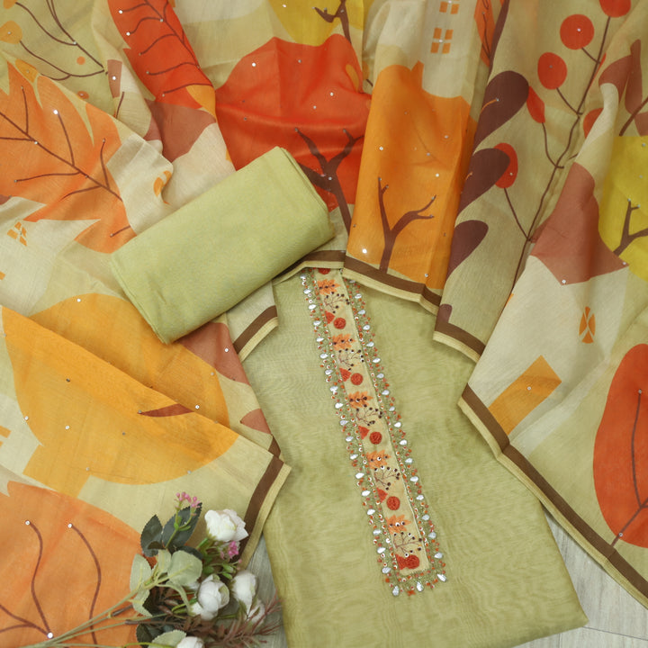 Jhanvi Cream Green French Knot Embroidery Neck Chanderi Suit Set