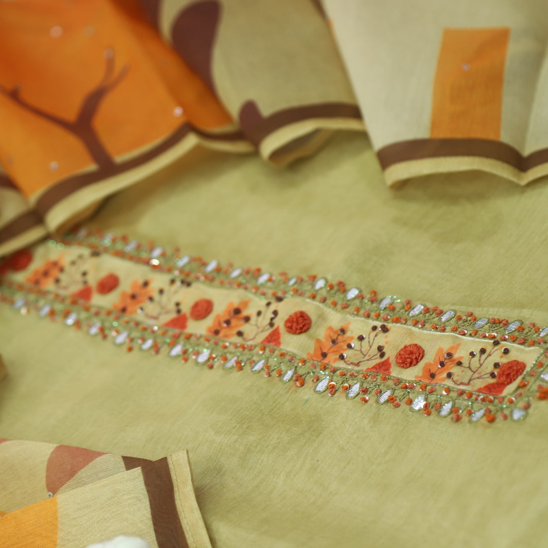Jhanvi Cream Green French Knot Embroidery Neck Chanderi Suit Set