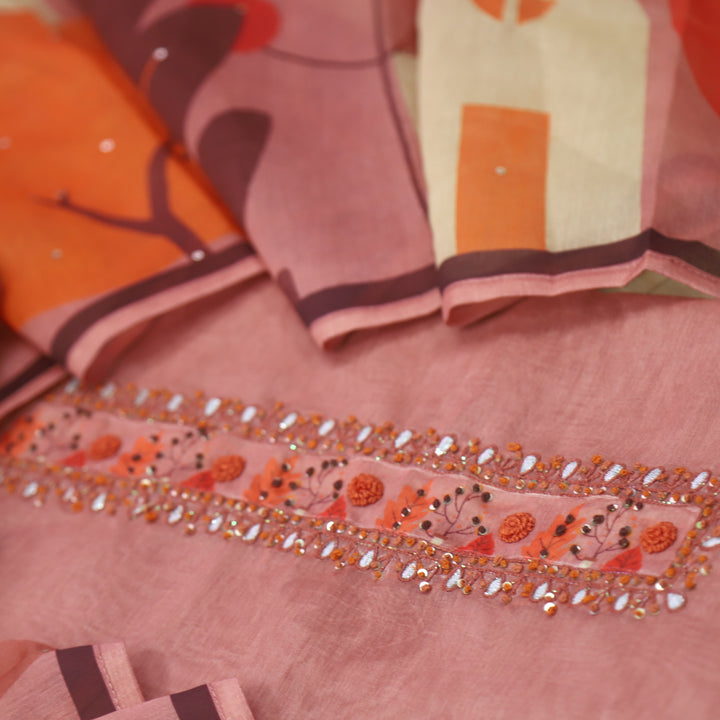 Jhanvi Sandstone Orange French Knot Embroidery Neck Chanderi Suit Set