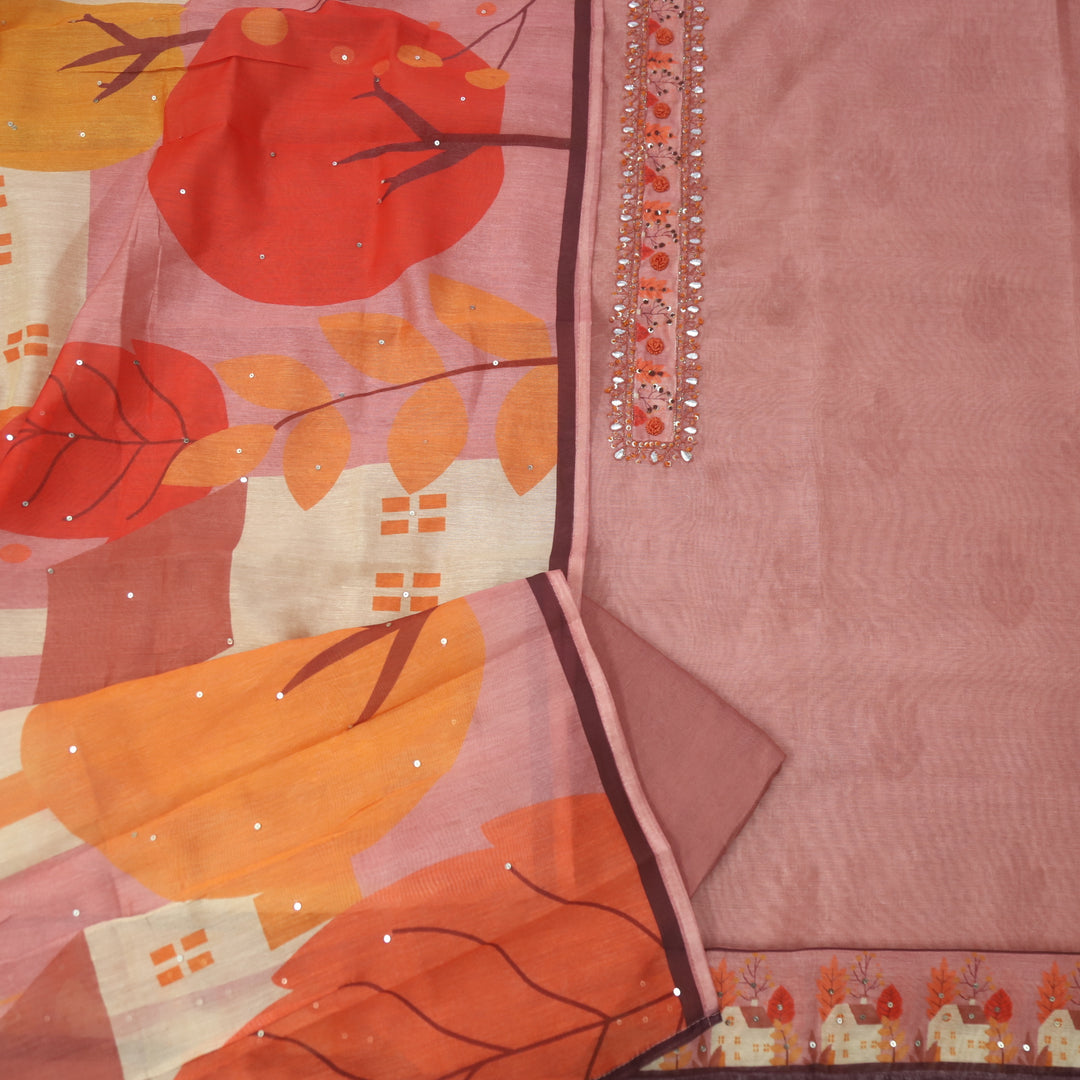 Jhanvi Sandstone Orange French Knot Embroidery Neck Chanderi Suit Set